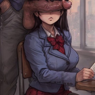 komi-san wa komyushou desu, komi shouko, big breasts, big penis, black hair, blue jacket, book, breasts, chair, clothed, clothed female, clothed male clothed female, clothed sex, clothes, clothing