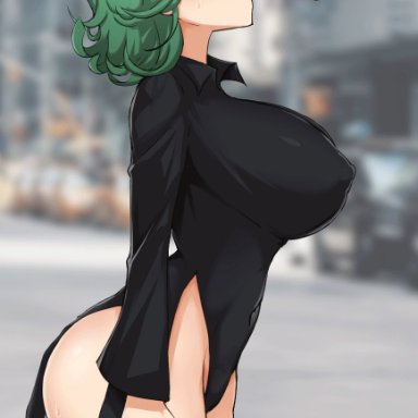 one-punch man, fubuki (one-punch man), tatsumaki, maruzyrukun, yamaori, 1girls, alternate breast size, big ass, big breasts, black dress, bleached, female, fists clenched, green eyes, green hair