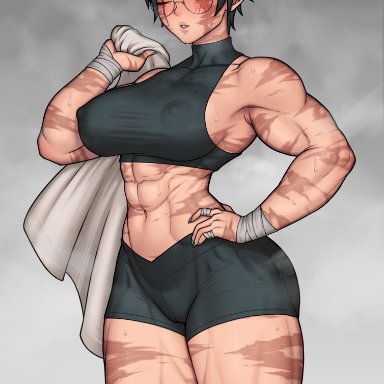 jujutsu kaisen, zenin maki, cheekie0, 1girls, abs, arm up, armpit fetish, armpits, ass bigger than head, ass focus, big ass, big breasts, big butt, black nails, boba tea