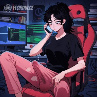 sweaty gamer girl (briang1748), briang1748, flordulce, 1futa, black eyes, black hair, black shirt, bored, cellphone, computer, covered penis, erect penis, erection, erection under clothes, erection under clothing