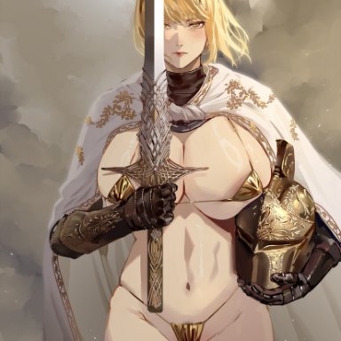 elden ring, fromsoftware, shadow of the erdtree, needle knight leda, club3, 1girls, belly, belly button, big breasts, bikini, blonde female, blonde hair, blonde hair female, busty, cape