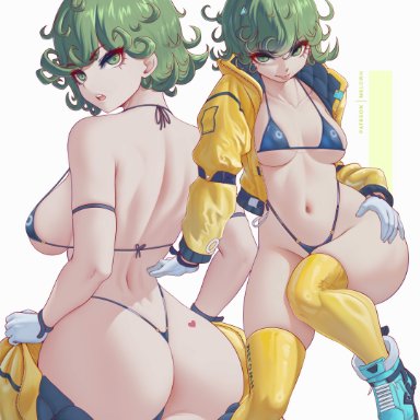 one-punch man, tatsumaki, melowh, 1girls, alternate breast size, ass, belly, belly button, blush lines, breasts, female, female only, green eyes, green hair, jacket