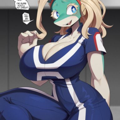 my hero academia, ippan josei, cooliehigh, 1girls, bare arms, big breasts, blonde hair, blue eyes, breasts bigger than head, clothed, clothing, female, female focus, female only, furry