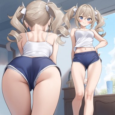 genshin impact, barbara (genshin impact), alternate costume, ass, blonde hair, blue eyes, breasts, female, from behind, fully clothed, light-skinned female, petite, short shorts, shorts, tank top