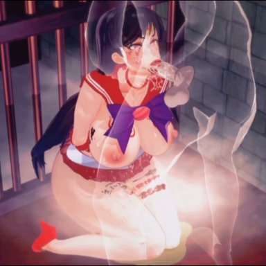 bishoujo senshi sailor moon, illusion soft, rei hino, sailor mars, rancid, :&gt;=, 1boy, 1girls, big breasts, blowjob, body writing, clothed female nude male, clothing, crying, dark purple hair