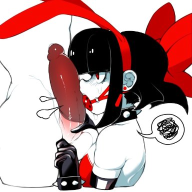 original, original character, scythe (dizzyspells), dizzyspells, 1femboy, 2boys, 2males, annoyed, black hair, bunny ear, bunnysuit, collar, condom, ear piercing, face against penis