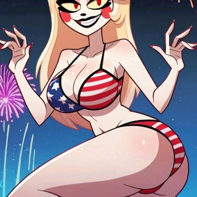 4th of july, deviantart, hazbin hotel, vivienne medrano, 1girls, american flag bikini, big breasts, bikini, blonde hair, eyelashes visible through hair, female, fireworks, huge breasts, large breasts, long hair