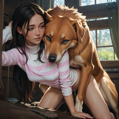 sinkrozz, canine, cum in pussy, cum inside, cumdrip, doggy style, dominant feral, enjoying, female on feral, female penetrated, happy sex, interspecies, interspecies sex, long hair, looking pleasured