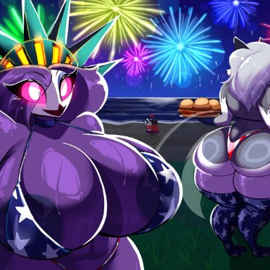 4th of july, helluva boss, loona (helluva boss), millie (helluva boss), moxxie (helluva boss), octavia (helluva boss), mrmelted, 1boy, 3girls, american flag bikini, anthro, ass, beach, big ass, big breasts