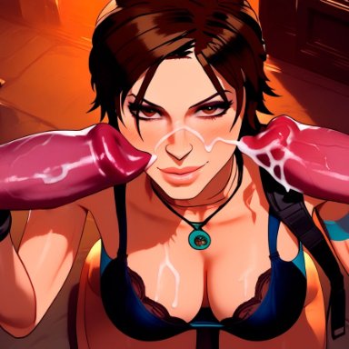 tomb raider, lara croft, xcrystallex, 1girls, 2dogs, big breasts, bra, brown eyes, brown hair, brunette hair, canine, cleavage, cum, feral, half ai