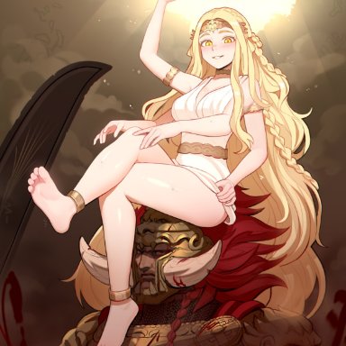 bandai namco, elden ring, fromsoftware, miquella, starscourge radahn, rezodwel, 1boy1girl, armor, arms up, blonde female, blonde hair, braided hair, breasts, crossed legs, crown