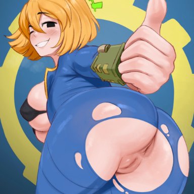 fallout, vault dweller, vault girl, brikot, 1girls, anus, ass focus, bent over, blonde hair, female, medium breasts, mob face, ripped clothing, thumbs up, tight clothing