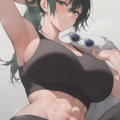 jujutsu kaisen, zenin maki, abs, abs focus, armpit crease, armpit fetish, armpit focus, armpit licking, armpit sniffing, armpit sweat, armpits, belly button, big breasts, blush, boob spillage