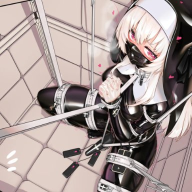 remiliacn, 1girls, ball gag, belt bondage, blonde hair, blush, bondage, bound, bound arms, bound legs, collar, container bondage, crying, crying with eyes open, cuff (restraint)