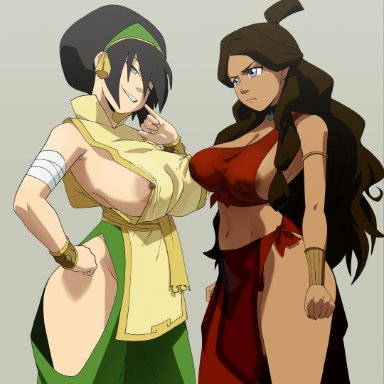 avatar legends, avatar the last airbender, nickelodeon, katara, toph bei fong, coolerinker, inker comics, inkershike, 2girls, aged up, areola slip, areolae, armlet, asymmetrical docking, bandages