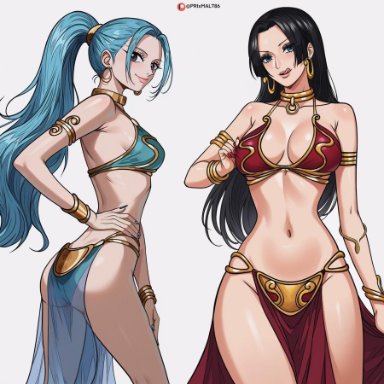 one piece, star wars, boa hancock, nefertari vivi, slave leia, slave leia (cosplay), prixmal, 2girls, bare arms, bare back, bare legs, bare midriff, bare shoulders, bare thighs, belly button