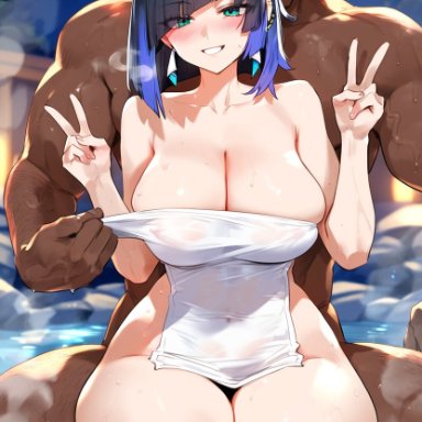 genshin impact, yelan (genshin impact), 1boy, big breasts, blush, breasts, dark-skinned male, female, hot spring, light-skinned female, looking back, peace sign, smile, thick thighs, towel