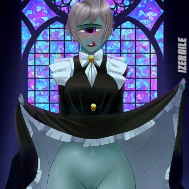 original, original character, 1girl, cyclops, no panties, maid uniform, one eye, tease, teasing, pussy, purple eyes, green skin, anthro, humanoid, tongue out