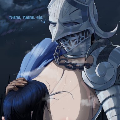 elden ring, fromsoftware, shadow of the erdtree, rellana twin moon knight, rennala queen of the full moon, doktor malefic, 2girls, armor, armored female, big breasts, big nipples, black hair, face between breasts, female, female focus