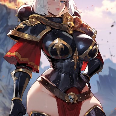 warhammer (franchise), warhammer 40k, sister of battle, floox, 1girls, armor, blue eyes, breasts, female, hips, large breasts, light skin, light-skinned female, short hair, thick thighs