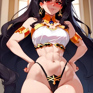 fate (series), fate/grand order, ishtar (fate), floxin, 1girls, abs, armlet, asymmetrical legwear, bangs, bare shoulders, bikini, black bikini, black hair, black thighhighs, blush