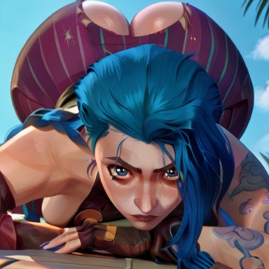 arcane, league of legends, arcane jinx, jinx (league of legends), 1girls, arms crossed, ass, ass bigger than head, ass cleavage, ass focus, ass up, big ass, big butt, blue eyes, blue hair