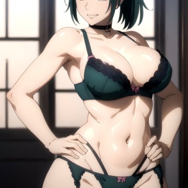 jujutsu kaisen, zenin maki, belly button, big ass, big breasts, choker, confident, confident female, confident smile, dark green hair, fit female, glasses removed, hands on hips, hourglass figure, huge breasts