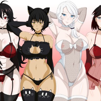 rwby, kali belladonna, raven branwen, summer rose, willow schnee, reiichiart, 4girls, abs, animal ears, areola slip, areolae, armwear, babydoll, big breasts, black eyes