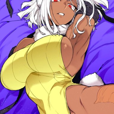 my hero academia, miruko, rumi usagiyama, takatuki iti, 1girls, alternate costume, amputee, animal ears, armpits, arms up, bare shoulders, bed, big breasts, breasts, bunny ears