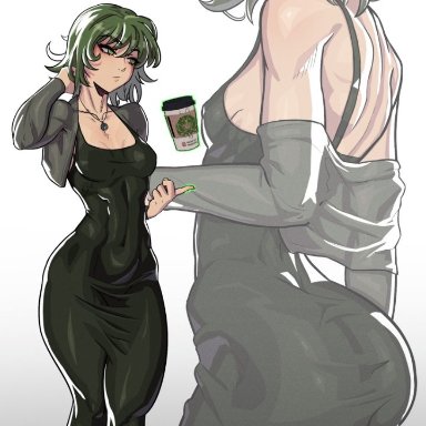 one-punch man, tatsumaki, stopu, 1girls, ass, big ass, big butt, breasts, child bearing hips, clothed, coffee, coffee mug, curves, curvy, dongtan dress