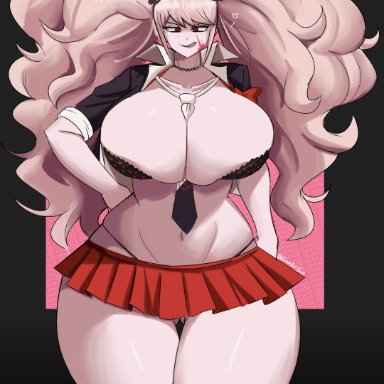 danganronpa, junko enoshima, emmarrgus, 1girls, alternate body type, alternate breast size, alternate costume, ass visible through thighs, blood on face, bra, breast expansion, cleavage, crown, evil, evil smile