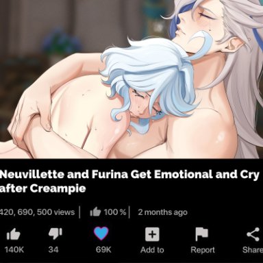 genshin impact, pornhub, furina (genshin impact), neuvillette (genshin impact), bonesofbeskar, 1boy, 1girls, after sex, ahoge, arms around back, blue hair, blush, blush lines, closed eyes, closed mouth