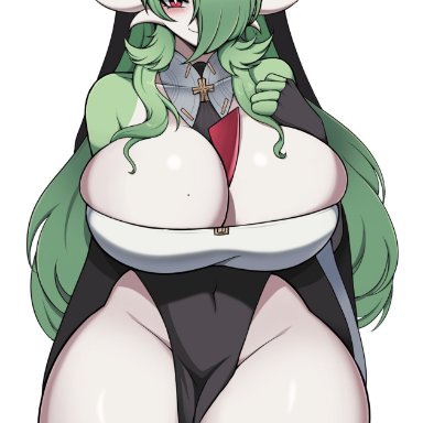 nintendo, pokemon, gardevoir, generation 3 pokemon, nun gardevoir (cervina7), pokemon (species), prumichka, 1girls, anthro, big breasts, black thighhighs, blush, breast squish, cleavage, female