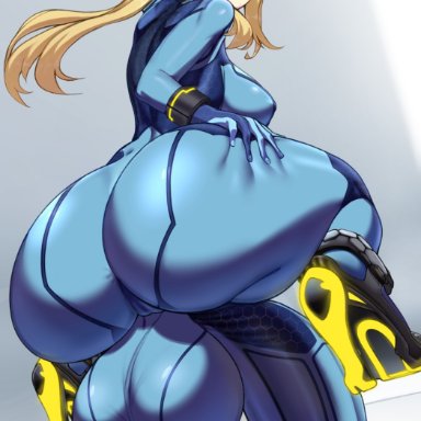 metroid, samus aran, nnilaee, 1futa, ass, back, back view, balls, big breasts, bodysuit, breasts, clothed, clothing, dickgirl, erection