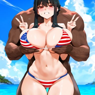 spy x family, yor briar, yor forger, owner (artist), 1boy, 1girls, american flag, american flag bikini, beach, big breasts, bikini, blush, breast grab, breasts, dark skin