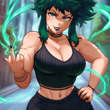 adult swim, my hero academia, toonami, female deku, izuku midoriya, krystalizedart, 1girls, abs, black shirt, blue sky, choker, cleavage, eyelashes, goth, goth girl