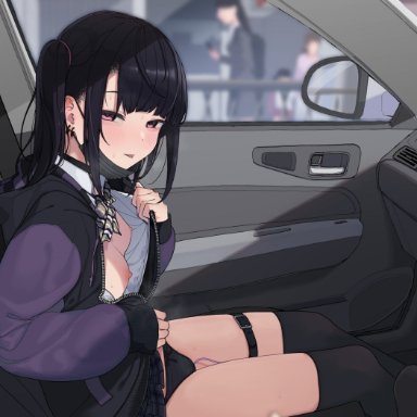 original, original character, kuaru (okamokomon), 1girls, areolae, black hair, black mask, black panties, black skirt, black thighhighs, blush, bowtie, breasts, car, car interior