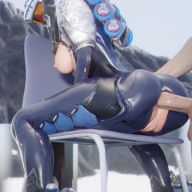 the first descendant, bunny (the first descendant), koyz3d, 1boy, 1girl, anal, bodysuit, chair, helmet, sitting, 3d, 3d (artwork), animated, blender, no sound