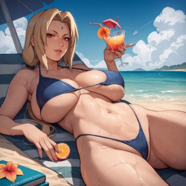 boruto: naruto next generations, naruto, naruto (classic), naruto (series), naruto shippuden, naruto: the last, tsunade, alex-schura, 1girls, arm support, beach, beach chair, beach umbrella, big breasts, bikini