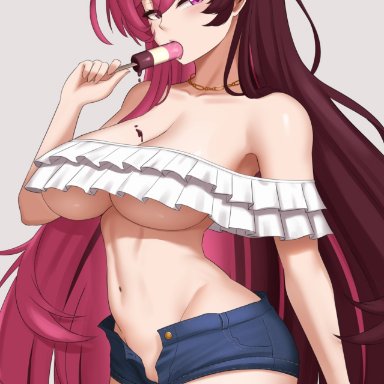 rwby, neo (rwby), cslucaris, 1girls, alternate breast size, alternate costume, alternate hairstyle, armpit peek, ass, bare shoulders, belly button, big breasts, blue shorts, breasts, brown eyes