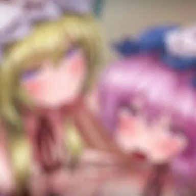 touhou, yukari yakumo, yuyuko saigyouji, akehi yuki, :&gt;=, 1boy, 2girls, blonde hair, blue headwear, breasts, commentary request, cooperative fellatio, ffm threesome, from above, group sex