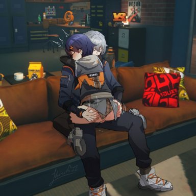 zenless zone zero, belle (zenless zone zero), wise (zenless zone zero), 1boy, blue hair, brother and sister, commentary, couch, female, grey hair, hair ornament, hood, hooded jacket, hug, incest