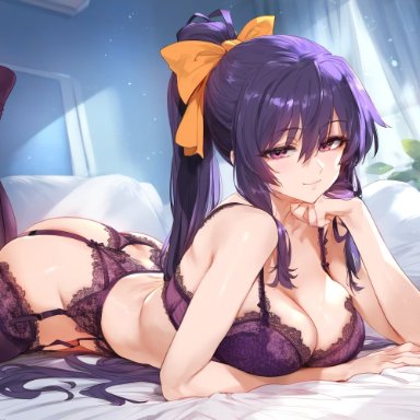 high school dxd, akeno himejima, waifulover, 1girls, ass, bangs, bare shoulders, bed, bed sheet, black bra, black clothes, black thighhighs, black underwear, blush, bow