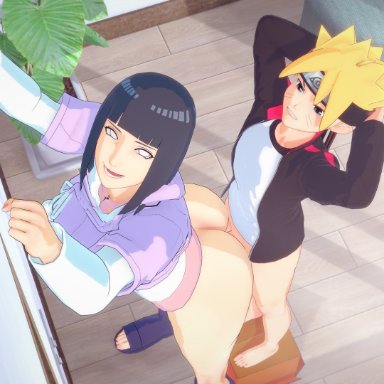 boruto: naruto next generations, naruto, naruto (series), hyuuga hinata, uzumaki boruto, milkybout, 1boy, 1girl, 1girls, against wall, age difference, arms behind head, ass, blonde hair, box