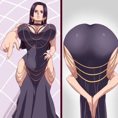 one piece, shounen jump, boa hancock, lokidrawsart, 1girls, ass, ass focus, bare arms, bare shoulders, big ass, big breasts, big butt, black hair, blue eyes, blush