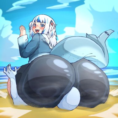 hololive, hololive english, gawr gura, wiirart, 1boy, 1girls, ass, ass bigger than head, ass focus, beach, beach background, big ass, big butt, blue eyes, bottom heavy