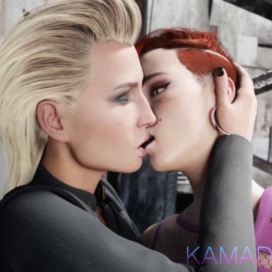 cyberpunk 2077, aurore cassel, meredith stout, kamadeva, 2girls, aurora borealis, black lipstick, blonde hair, domination, fingering, fingers, kissing, lesdom, licking, mistress