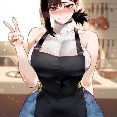 chainsaw man, higashiyama kobeni, creamy ai, apron, black hair, brown eyes, curvy, denim, jeans, large breasts, narrow waist, thick thighs, v sign, wide hips, ai generated