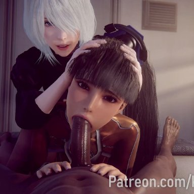 nier, nier (series), nier: automata, stellar blade, eve (stellar blade), yorha 2b, kaiantica3d, 1boy, 2girls, 2girls1boy, assisted fellatio, athletic female, big penis, black hair, dark skin