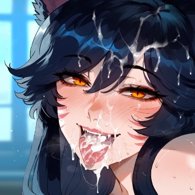 league of legends, ahri, creamy ai, after fellatio, black hair, bra, cum, cum in mouth, cum on face, cum on tongue, facial, fox girl, orange eyes, smile, upper body